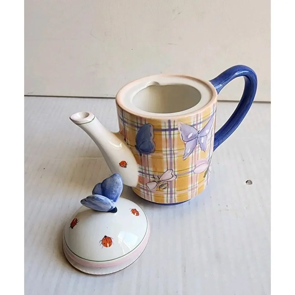 Teapot For One Butterfly Lady Bug Dragonfly Hand Painted Farmhouse Cottagecore